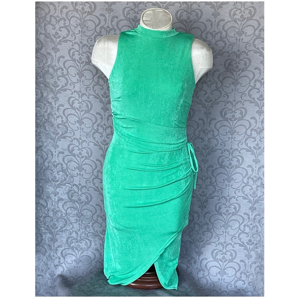 Sleeveless Turtleneck Top Notch Ruched Maxi Elegant Green Dress Sz L
